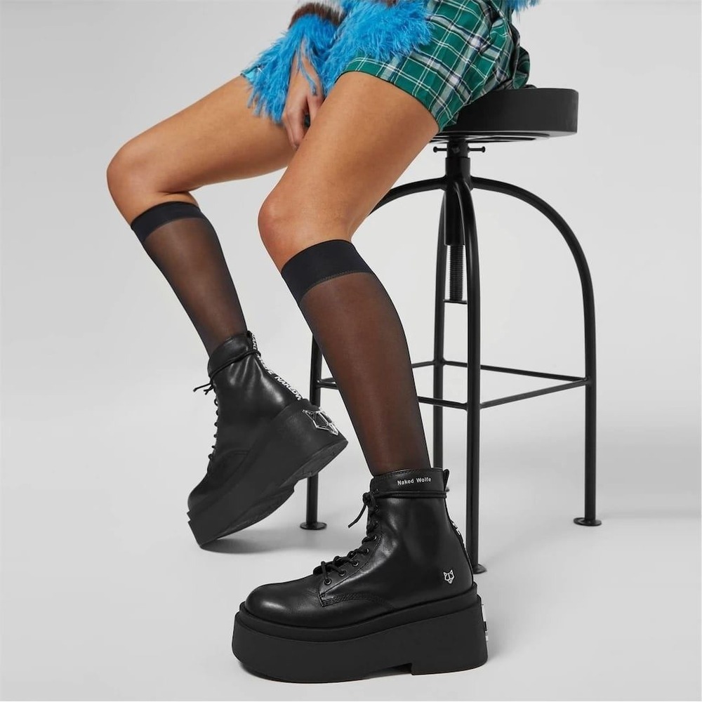 Naked Wolfe Saturn Black Leather Platform Combat Boots Wolf Head Size 7 US 37 EU